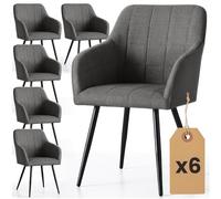 AKORD Lot de 6 Chaises Rembourrées à Surpiqûres Carrées LUXANO Tissu Lumos, Chaises Salle à Manger, Pieds en Métal Noirs, 58 x 54 x 82 cm, Anthracite