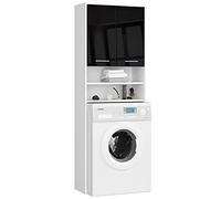 AKORD Meuble Buanderie Machine à Laver | 64x180x30 cm Poids 30 kg | Meuble pour Lave Linge avec Étagère 2 Portes 2 Casiers de Rangement | Meubles de Salle de Bain | Blanc & Façade Noir Brillant