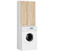 AKORD Meuble Buanderie Machine à Laver Fin 180 | L64 x H180 x P30 cm | Meuble pour Lave Linge avec 4 Étagères 2 Portes de Rangement | Meubles de Salle de Bain | Blanc + Façade Chêne Sonoma