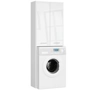 AKORD Meuble Buanderie Machine à Laver Fin 180 | L64 x H180 x P30 cm | Meuble pour Lave Linge avec 4 Étagères 2 Portes de Rangement | Meubles de Salle de Bain | Blanc & Blanc Brillant