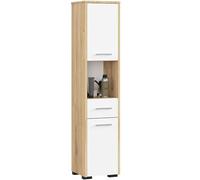 AKORD Meubles de Salle de Bain Haut | 2 Portes (Haut et Bas) | L30 x H140 x P30 cm Poids 25 kg | Meuble Colonne Salle de Bains Rangements | sur Pied ou Mural Commode | Chêne Artisanal & Blanc Façade