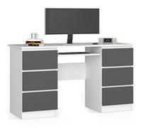 AKORD Petit bureau avec tiroirs - Bureau d'ordinateur - Avec plateau pour clavier - 135 x 77 x 50 cm (l x H x P) - 60 kg - Blanc/gris graphite