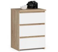 AKORD Table de Chevet CL-3 avec 3 tiroirs | pour Le Salon, la Chambre à Coucher, l'armoire, Le Bureau, Le Bureau | 40 x 57 x 35 cm, Poids 26 kg | Chêne Artisan | Chêne Sonoma & Façade Blanc