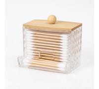 AkoSlale Porte-cotons-tiges avec couvercle en bambou, distributeur de cotons-tiges transparent en plastique PS pour comptoir de salle de bain, organiseur à compartiment unique anti-poussière pour