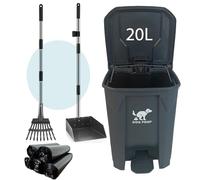 AkoSlale Poubelle à déjections canines de 20 l avec pédale, 100 sacs étanches, râteau et pelle à poussière en acier inoxydable - Solution d'élimination des déjections canines toutes saisons pour