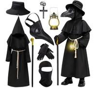 Akosuntoys Costume d'Halloween pour enfant garçon, costume médiéval de médecin de la peste, avec masque en cuir, chapeau, paire de gants, collier en bois, bâton de marche