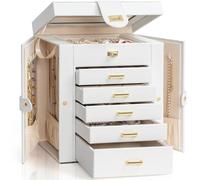 AKOZLIN Boîte à bijoux à 6 niveaux fonctionnelle avec miroir pour femmes et filles, coffret de rangement en cuir à 5 tiroirs pour bagues, colliers, boucles d'oreilles, bracelets, blanc