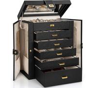 AKOZLIN Boîte à bijoux fonctionnelle avec miroir pour femmes et filles, coffret de rangement en cuir pour bagues, colliers, boucles d’oreilles, bracelets, noir