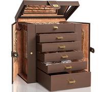 AKOZLIN Grande boîte à bijoux à 6 niveaux fonctionnelle et verrouillable avec miroir pour femmes et filles, coffret de rangement en cuir à 5 tiroirs pour bagues, colliers, boucles d’oreilles