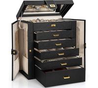 AKOZLIN Grande boîte à bijoux fonctionnelle avec grand miroir, étui de rangement en cuir pour femmes et filles pour bagues, colliers, boucles d'oreilles, bracelets