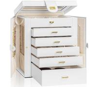 AKOZLIN Grande boîte à bijoux fonctionnelle avec grand miroir pour femmes et filles, coffret de rangement en cuir pour bagues, colliers, boucles d'oreilles, bracelets, blanc