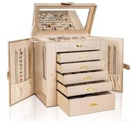 AKOZLIN Grande boîte à bijoux fonctionnelle avec miroir pour femmes et filles, coffret de rangement de très grande taille en cuir pour bagues, colliers, boucles d'oreilles, bracelets