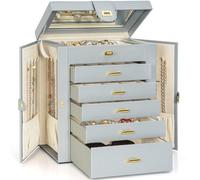 AKOZLIN Grande boîte à bijoux fonctionnelle et verrouillable avec grand miroir pour femmes et filles, coffret de rangement en cuir pour bagues, colliers, boucles d’oreilles, bracelets, gris