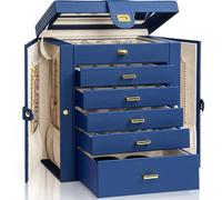 AKOZLIN Grande boîte à bijoux fonctionnelle et verrouillable avec grand miroir pour femmes et filles, coffret de rangement en cuir pour bagues, colliers, boucles d'oreilles, bracelets, bleu