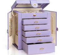 AKOZLIN Grande boîte à bijoux fonctionnelle et verrouillable avec grand miroir pour femmes et filles, coffret de rangement en cuir pour bagues, colliers, boucles d'oreilles, bracelets, violet