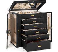 AKOZLIN Grande boîte à bijoux fonctionnelle verrouillable, étui de rangement en cuir extra large pour femmes et filles pour bagues, colliers, boucles d'oreilles, bracelets avec miroir, noir