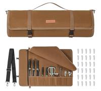 AKOZLIN Sac à couteaux de chef amélioré avec 10 emplacements et 1 grande poche zippée en toile cirée portable avec sangle réglable et 30 protections de pointes de couteau, noir, marron, Organiseur de