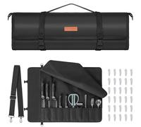 AKOZLIN Sac à couteaux de chef amélioré avec 10 emplacements et 1 grande poche zippée en toile cirée portable avec sangle réglable et 30 protections de pointes de couteau, noir, Noir , Organiseur de