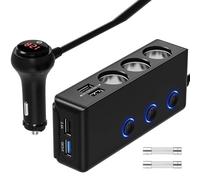 Akozon Chargeurs de Voiture 120 W QC3.0 Adaptateur de Charge Rapide Répartiteur de Puissance à 3 Prises 12-24 V avec 4 Ports USB Affichage de la Tension Interrupteur Marche-arrêt pour
