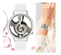 Akozon Montre de Couple Analogique à Quartz Ronde Creuse avec Cadran de Note de Musique et Bracelet en Polyuréthane (White)