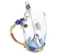 Akozon Tasse à thé en Verre avec Cuillère et Chiffon de Nettoyage - Tasse à Boisson Unique Fabriquée à la Main pour le thé, le café ou le Jus - pour un Anniversaire ou Noël (Rose Bleue 350ML)