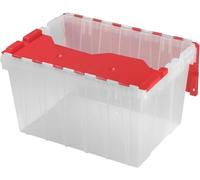 Akro-Mils KeepBox 45L Storage Container, Nesting and Stackable Plastic Storage Box with Lid Attached, Clear Tote for Garages, Closets, and Moving, 38,7 cm W x 54,6 cm D x 31,6 cm H, transparent/rouge