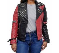 Aksah Fashion Womens HQ Biker clouté noir rouge veste en cuir | Costume de veste en cuir Funky à pointes Birds Of Joker Quinn