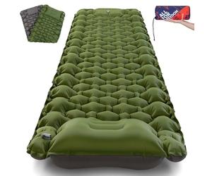 AKSOUL Matelas isolant de camping pour extérieur : ultra léger, grand matelas gonflable, épais, avec coussin, pliable, thermique, pour tente, trekking, plage, vert militaire