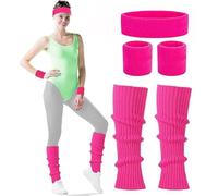 AKSXU Accessoires des Années 80 - Bandeau Éponge Rose - Jambières - Tenue des Années 80 et 90 - Pour Carnaval, Fête - Rose Fluo