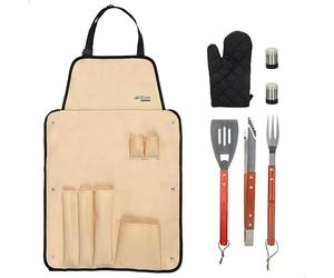 AKTIVE 63010 - Ensemble d'Accessoires pour Barbecue 7 Pièces, Pinces à Barbecue, Spatule, Fourchette à Découper, Tablier, Gant et Salière, Ensemble d'Ustensiles pour Barbecue, Outils pour Gril
