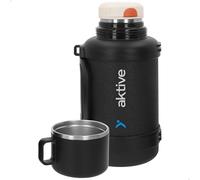 AKTIVE Bouteille isotherme en acier inoxydable, 1,6 l, noir, dimensions : 14 x 13 x 26 cm, bouchon anti-fuite, comprend tasse, poignée et sangle, sans BPA, base antidérapante, bouteilles thermos