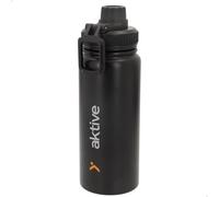 AKTIVE Bouteille isotherme en acier inoxydable avec système anti-fuites, poignée de transport, sans BPA, 600 ml, noir, 8,5 x 8 x 24 cm