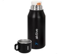 AKTIVE Bouteille isotherme en acier inoxydable avec tasse, poignée type sangle, sans BPA, base antidérapante, 9,5 x 9,5 x 25 cm, noir (63135)