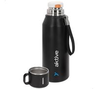 AKTIVE Bouteille isotherme en acier inoxydable avec tasse, poignée type sangle, sans BPA, base antidérapante, 9,5 x 9,5 x 28 cm, noir (63136)