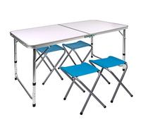 AKTIVE Camping - Table Pliante avec 4 Tabourets et Poignée de Transport. Ensemble Table et Chaise. Table de Camping, Jardin ou Montagne, Blanc et Bleu