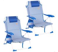 AKTIVE Lot de 2 chaises de Plage, 48 x 58 x 76 cm, Rayures Marines, 4 Positions, Poches, Dessous de Verre, Anti-Renversement, Poids supporté par Chaise 110 kg, Coussin, Mode Chaise Longue, poignées