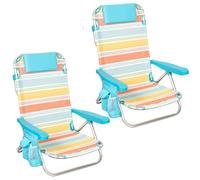AKTIVE Lot de 2 chaises de plage pliantes, 5 positions en aluminium, avec coussin et poches, 48x48x75 cm, textilène multicolore, poignées style sac à dos, modèle Santorini (62420)