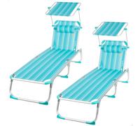 AKTIVE Lot de 2 chaises Longues de Plage, 5 Positions, Turquoise à Rayures, Poids supporté par Chaise Longue 110 kg, Parasol intégré, Coussin, Pliage Compact, poignée latérale (85545)