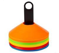 AKTIVE Lot de 50 cônes d'entraînement Ø19 cm, 5 Couleurs, PE 18 g, avec Poteau Organisateur, Filet de Transport avec poignée, Utilisation Professionnelle, Scolaire, Maison, Jeux de Plein air (54193)