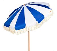 AKTIVE Parasol de plage, mesure 200 cm, bleu marine et blanc franges, protection UV50, polyester, manche en acier effet bois 28/32 mm, étui de transport avec poignée d'épaule (62480)