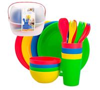 AKTIVE Set Picnic Camping pour 4 Personnes Plateau Repas avec Poignée Couverts de Camping, Assiettes, Tasses, Saladiers Gobelets en Plastique Dur Réutilisables