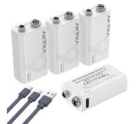 AKTTKA Lot de 4 Piles Rechargeables au Lithium 9V (1000mAh), avec Câble de Charge de Type C, Particulièrement Adaptées Aux Multimètres Portables, Aux Détecteurs de Métaux et Aux Testeurs de Ligne