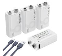 AKTTKA Lot de 4 Piles Rechargeables au Lithium 9V (1350mAh), avec Câble de Charge de Type C, Particulièrement Adaptées Aux Multimètres Portables, Aux Détecteurs de Métaux et Aux Testeurs de Ligne