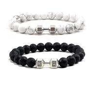 Aktully Bracelet avec haltères noirs pour homme, bracelet de gym, perles de lave volcanique, bracelet d'haltère, bracelet de fitness pour homme et femme, bijoux cadeaux, 7.8 inches, Pierre, Pas de