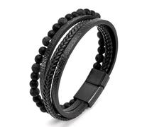 Aktully Volcanicx Bracelet de perles en pierre naturelle Bracelet de bien-être et de soulagement Bracelet de ménopause Bracelet en cuir avec pierre noire Cadeau pour homme et femme, 7.8in, Corde, Pas