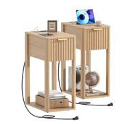 Akxomel Lot de 2 tables de chevet étroites cannelées en bois avec station de charge, table de nuit moderne du milieu du siècle avec tiroir et étagère ouverte, petite table d'appoint pour chambre à