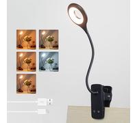 Akynite 3W Lampe Pince USB Rechargeable, Type C Charge, 5 Couleur et 5 Intensité, Lampe Lecture Tactile sans Fil, Lampe de Bureau Clip on pour Enfants, Lampe de Lecture au Lit à Pince, Noire