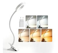 Akynite Lampe de Bureau Blanche avec Pince et Timer, Adaptateur inclus, 5 Couleur 10 Intensite, LED Lampe USB Flexible, Clip Lampe de Lecture au Lit Enfant, Lampe Pince pour pour Artisanat Couture