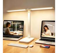 Akynite Lampe de Bureau Double Tête LED, 2A Adaptateur inclus, 5 Couleur 10 Luminosité, 45Min Timer, Lampe de Table Tactile avec Port USB pour Lecture Étude Manucure, Lampe Bureau LED, Blanche