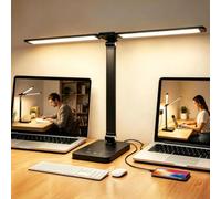 Akynite Lampe de Bureau Double Tête LED, 2A Adaptateur inclus, 5 Couleur 10 Luminosité, 45Min Timer, Lampe de Table Tactile avec Port USB pour Lecture Étude Manucure, Lampe Bureau LED, Noire
